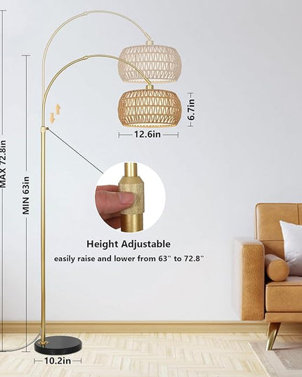 Gold Floor Lamps for Living Room, Arc Floor Lamp with Remote & Dimmable Bulb, Boho Rattan Standing lamp with 3 Color Temperatures, Height Adjustable Tall Lamp for Bedroom, Over Couch Reading Lamp - LeafyLoom