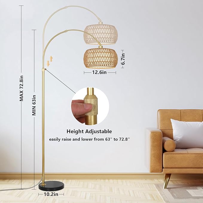 Gold Floor Lamps for Living Room, Arc Floor Lamp with Remote & Dimmable Bulb, Boho Rattan Standing lamp with 3 Color Temperatures, Height Adjustable Tall Lamp for Bedroom, Over Couch Reading Lamp - LeafyLoom