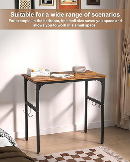 VECELO 32 Inch Small Computer Stable Writing Study Work 4 Hooks Adjustable Feet Wooden Desk for Home,Bedroom,Rusic Brown, 32Inches - LeafyLoom