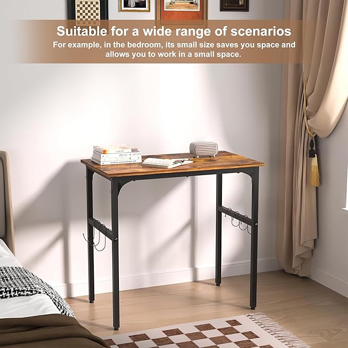 VECELO 32 Inch Small Computer Stable Writing Study Work 4 Hooks Adjustable Feet Wooden Desk for Home,Bedroom,Rusic Brown, 32Inches - LeafyLoom