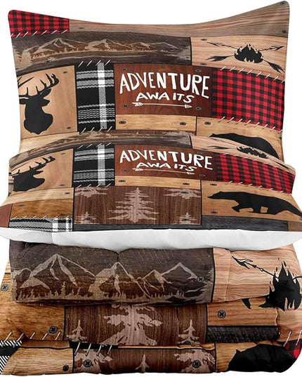 LUVIVIHOME 3PCS Rustic Cabin Comforter Set Queen Size, Farmhouse Bedding, Black Bear Deer Elk Moose Forest Animal Wildlife Hunting Country Brown Patchwork White Red Plaid Lodge Quilt, 2 Pillow Shams - LeafyLoom