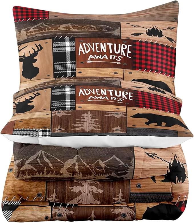 LUVIVIHOME 3PCS Rustic Cabin Comforter Set Queen Size, Farmhouse Bedding, Black Bear Deer Elk Moose Forest Animal Wildlife Hunting Country Brown Patchwork White Red Plaid Lodge Quilt, 2 Pillow Shams - LeafyLoom