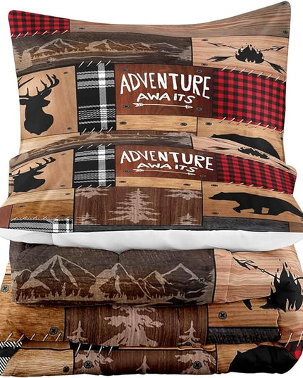 LUVIVIHOME 2PCS Rustic Cabin Comforter Set Twin Size, Farmhouse Bedding, Black Bear Deer Elk Moose Forest Animal Wildlife Hunting Country Brown Patchwork White Red Plaid Lodge Quilt, 1 Pillow Sham - LeafyLoom