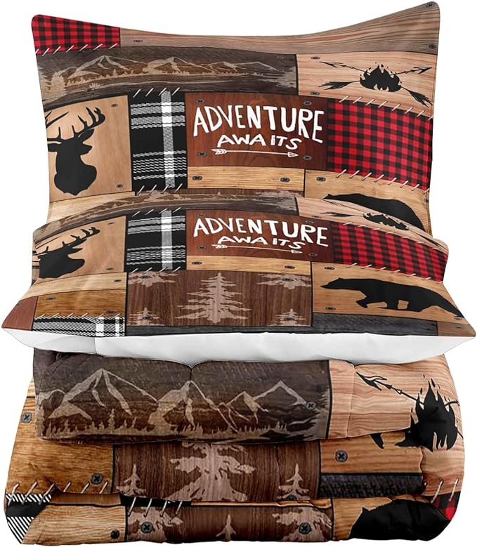 LUVIVIHOME 2PCS Rustic Cabin Comforter Set Twin Size, Farmhouse Bedding, Black Bear Deer Elk Moose Forest Animal Wildlife Hunting Country Brown Patchwork White Red Plaid Lodge Quilt, 1 Pillow Sham - LeafyLoom