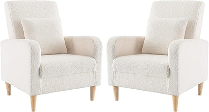 COLAMY Sherpa Accent Living Room Chairs Set of 2, Upholstered Fabric Armchair Reading Side Chair, Single Sofa with Back Pillow and Wood Legs, Cream - LeafyLoom
