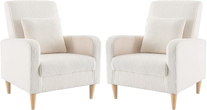 COLAMY Sherpa Accent Living Room Chairs Set of 2, Upholstered Fabric Armchair Reading Side Chair, Single Sofa with Back Pillow and Wood Legs, Cream - LeafyLoom