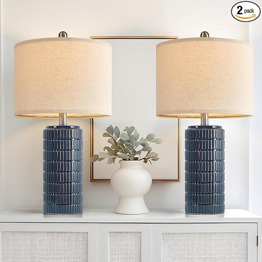 PoKat 23" Blue Table Lamp, Farmhouse Bedside Lamps for Bedroom Set of 2, Ceramic End Table Lamps for Living Room, Traditional Nightstand Desk Lamps, Medium - LeafyLoom