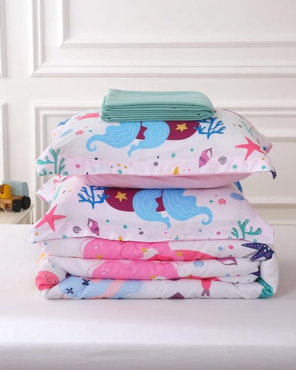 Wajade Kids Mermaids Comforter Set Bed in A Bag Twin Size 7 Piece Colorful 3D Cartoon Mermaids Bedding Set for Girls (1 Comforter, 1 Flat Sheet, 1 Fitted Sheet, 2 Pillowcase and 2 Pillow Sham) - LeafyLoom