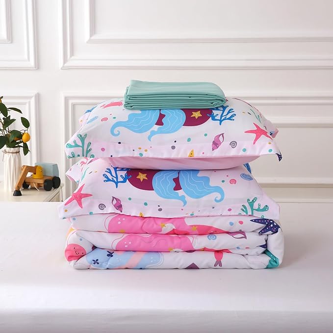 Wajade Kids Mermaids Comforter Set Bed in A Bag Twin Size 7 Piece Colorful 3D Cartoon Mermaids Bedding Set for Girls (1 Comforter, 1 Flat Sheet, 1 Fitted Sheet, 2 Pillowcase and 2 Pillow Sham) - LeafyLoom