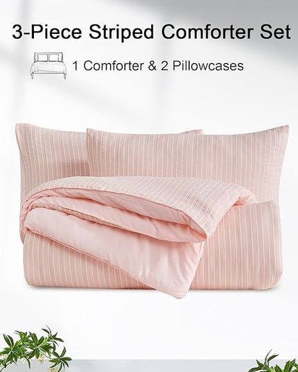 ENCOFT Light Pink King Size Comforter Set, 3 Piece Textured Striped Comforter Set King, Soft Microfiber Lightweight White and Pink Comforter King Bed Set, with 2 Pillowcases, 104x90 Inches - LeafyLoom