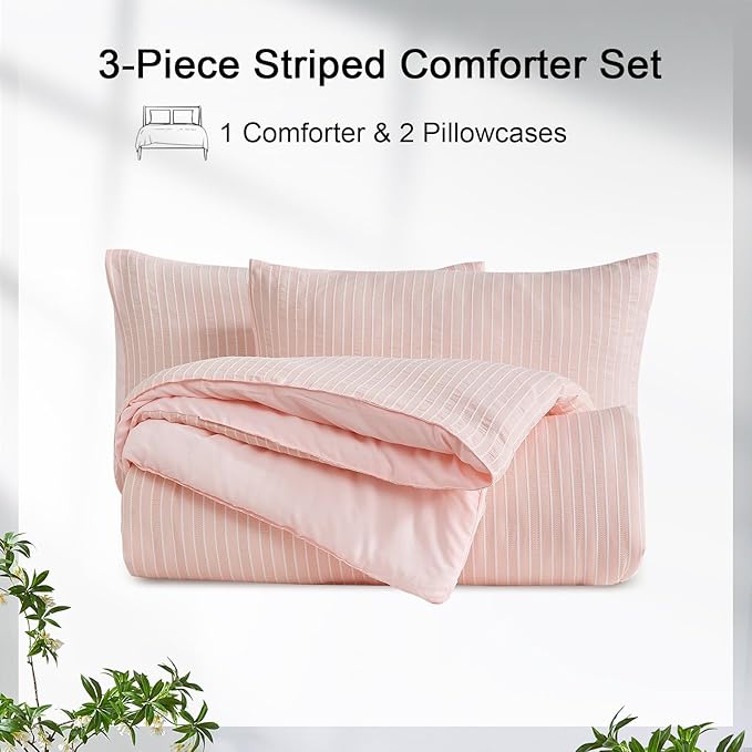 ENCOFT Light Pink King Size Comforter Set, 3 Piece Textured Striped Comforter Set King, Soft Microfiber Lightweight White and Pink Comforter King Bed Set, with 2 Pillowcases, 104x90 Inches - LeafyLoom