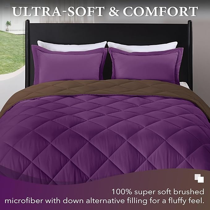 downluxe King Size Comforter Set - Purple and Brown King Comforter, Soft Bedding Comforter Sets for All Seasons, King Comforter Set - 3 Pieces - 1 Comforter (104"x92") and 2 Pillow Shams(20"x36") - LeafyLoom