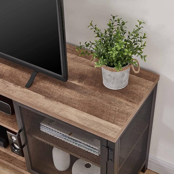 FATORRI Industrial Entertainment Center for TVs up to 65 Inch, Rustic Wood TV Stand, Large TV Console and TV Cabinet for Living Room (60 Inch Wide, Rustic Oak) - LeafyLoom