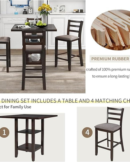 5-Piece Counter Height Dining Set, includes 1 Solid Wood Table with Storage Shelving and 4 Padded Chairs, for Kitchen, Diningroom, Living Room, Easy to Assemble, Espresso - LeafyLoom