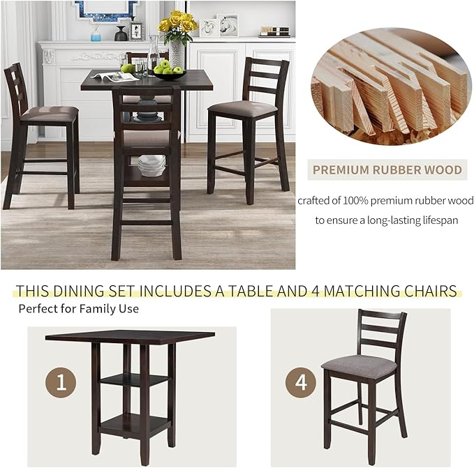 5-Piece Counter Height Dining Set, includes 1 Solid Wood Table with Storage Shelving and 4 Padded Chairs, for Kitchen, Diningroom, Living Room, Easy to Assemble, Espresso - LeafyLoom
