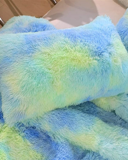 Faux Fur Kids Girls Green Rainbow Comforter Sets King - 3PC Bed Set Warm Comfortable Soft Plush Flannel Velvet Fluffy Fuzzy Bedding（Comforter x 1 Pillowcases x 2） - LeafyLoom