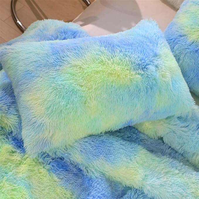 Faux Fur Kids Girls Green Rainbow Comforter Sets King - 3PC Bed Set Warm Comfortable Soft Plush Flannel Velvet Fluffy Fuzzy Bedding（Comforter x 1 Pillowcases x 2） - LeafyLoom
