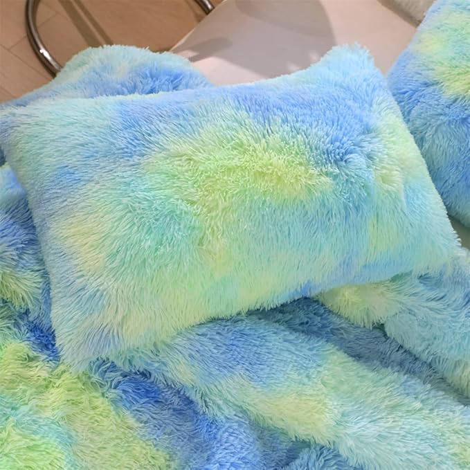 Faux Fur Kids Girls Green Rainbow Comforter Sets Twin/Full - 3PC Bed Set Warm Comfortable Soft Plush Flannel Velvet Fluffy Fuzzy Bedding（Comforter x 1 Pillowcases x 2） - LeafyLoom