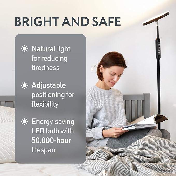 LED Daylight Floor Lamp - Free Standing Lamps for Living Room or Bedroom - 24W Black Modern Uplight Torchiere Stand Light- 3 Dimmable Modes - Natural Day, Warm, Super Bright - Corner Tall Torch Lights - LeafyLoom