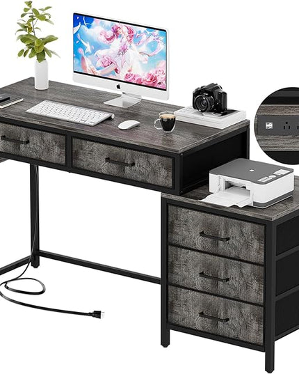 Unikito Computer Desk with 5 Drawers, Reversible Home Office Desk with Power Outlets, Sturdy Writing Desk with File Cabinet and Printer Stand, Vanity Desk with Storage for Small Space, Black Oak - LeafyLoom