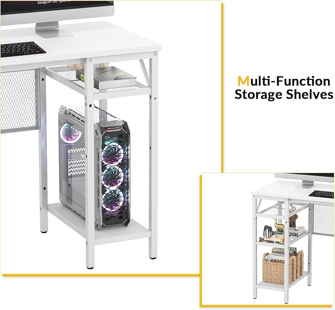 Unikito Magic Portable 4 Outlets L Shaped Desk, Reversible 55 Inch L-Shaped Computer Desk with Storage Shelf and USB Charging Port, Unique Grid Design, Large Gaming Corner Table for Home Office, White - LeafyLoom