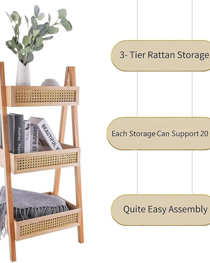ZYBT Ladder Bookshelf, 3-Tier Rattan Bookshelf, Free Standing Bookcase, Blanket Ladder, Wood Organizer Storage Shelves for Living Room Bedroom Kitchen Bathroom Balcony and Home Office - LeafyLoom