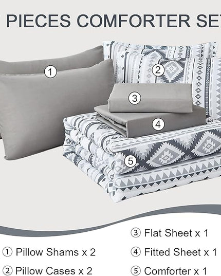 Dinjoy Grey Boho Comforter Set Queen Size,7 Pieces Bed in a Bag Queen Light Gray Aztec Bedding Sets with Sheets Bohemian Geometric Striped Complete Set for All Seasons 90"x90" - LeafyLoom