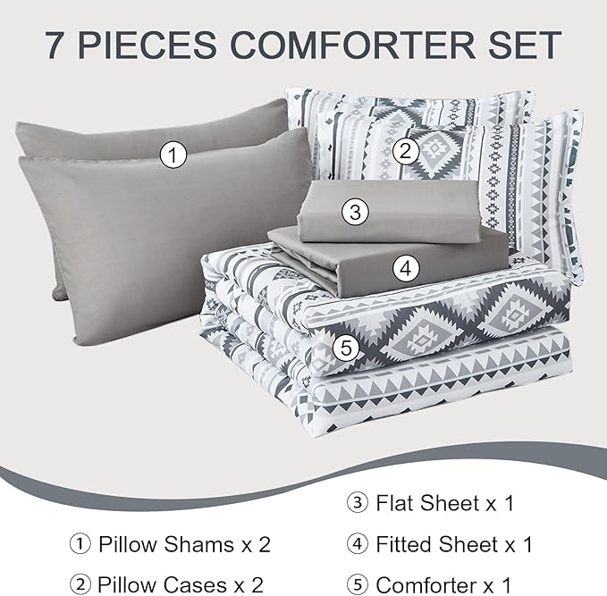 Dinjoy Grey Boho Comforter Set Queen Size,7 Pieces Bed in a Bag Queen Light Gray Aztec Bedding Sets with Sheets Bohemian Geometric Striped Complete Set for All Seasons 90"x90" - LeafyLoom