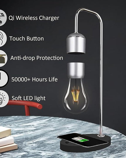 Magnetic Levitating Lamp with Wireless Phone Charger for iPhone Pro Max Floating Light Bulb LED Night Light Table Lamp Levitation Desk Lamp for Christmas Gift Bedroom Office Decoration - LeafyLoom