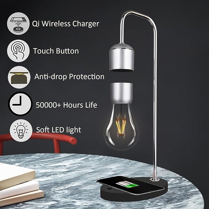 Magnetic Levitating Lamp with Wireless Phone Charger for iPhone Pro Max Floating Light Bulb LED Night Light Table Lamp Levitation Desk Lamp for Christmas Gift Bedroom Office Decoration - LeafyLoom