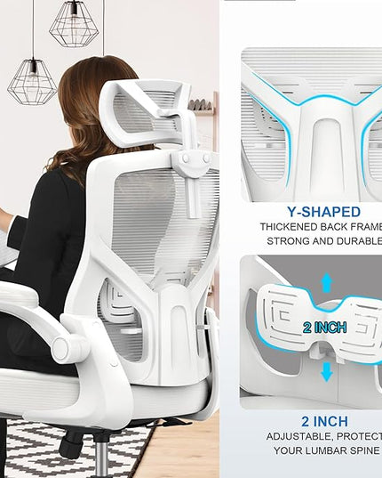 𝑯𝑶𝑴𝑬 𝑶𝑭𝑭𝑰𝑪𝑬 𝑪𝑯𝑨𝑰𝑹, Ergonomic Mesh Desk Chair, High Back Computer Chair- Adjustable Headrest with Flip-Up Arms, Lumbar Support, Swivel Executive Task Chair (Modern, White) - LeafyLoom
