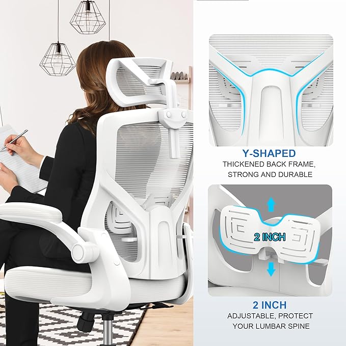 𝑯𝑶𝑴𝑬 𝑶𝑭𝑭𝑰𝑪𝑬 𝑪𝑯𝑨𝑰𝑹, Ergonomic Mesh Desk Chair, High Back Computer Chair- Adjustable Headrest with Flip-Up Arms, Lumbar Support, Swivel Executive Task Chair (Modern, White) - LeafyLoom