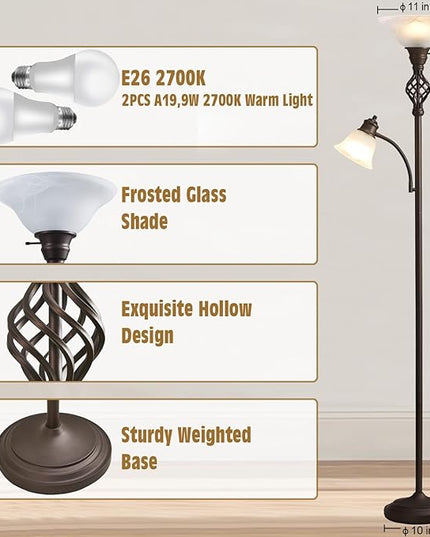 Torchiere Floor Lamp for Living Room, LED Standing Reading Light for Bedroom with Glass Shade for Living Room Corner Bedroom Home Office,Bulbs Included - LeafyLoom