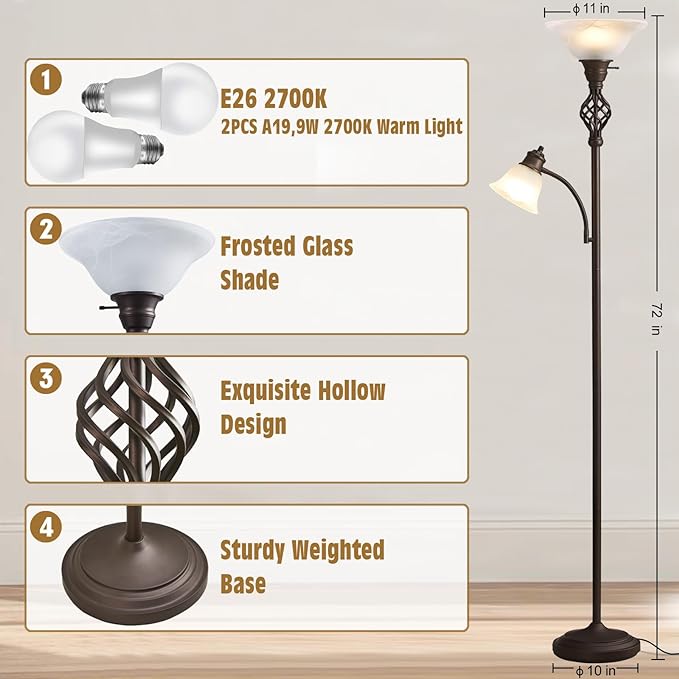 Torchiere Floor Lamp for Living Room, LED Standing Reading Light for Bedroom with Glass Shade for Living Room Corner Bedroom Home Office,Bulbs Included - LeafyLoom
