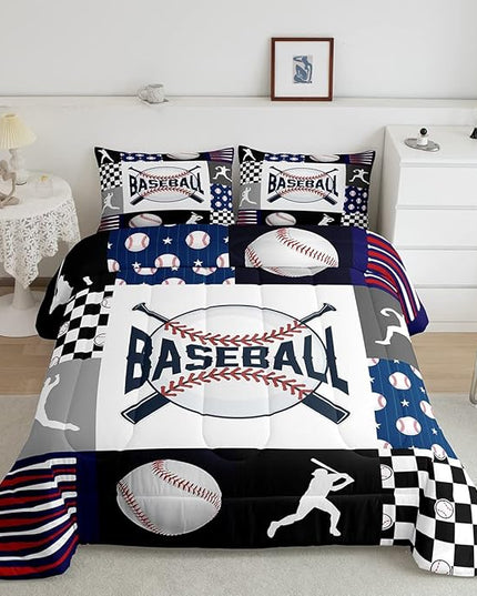 Kids Baseball Comforter Set Full Size Bed,Teen Boys Sports Baseball Bedding Set Sport Baseball Quilt Set Patchwork Geometric Checkered Soft Lightweight Comforter Balck White Navy Blue 2 Pillowcases - LeafyLoom