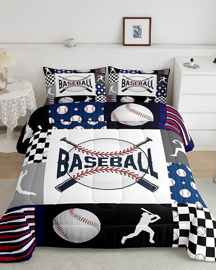 Erosebridal Baseball Quilt Set Teen Boys Baseball Bedding Comforter Set Queen Size Bed,Kids Sports Bed Comforter Sets Black White Geometric Checkered Grids Duvet Set for All Season 2 Pillowcases - LeafyLoom
