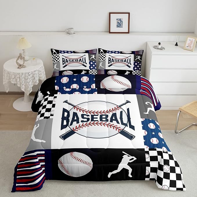 Baseball Bedding,Kids Sports Baseball Comforter Set For Boys Girls Twin Size,Teen Baseball Quilt Set Sport Fans Room Decor,Patchwork Geometric Checkered Comforter Balck white Navy Blue 1 Pillowcase - LeafyLoom