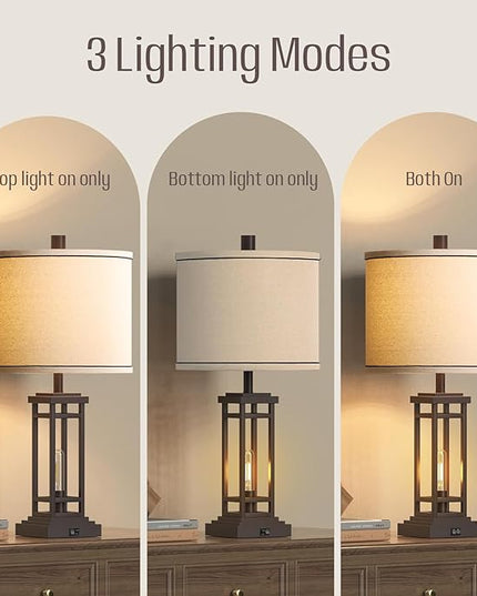 27.5 Tall Farmhouse Table Lamps with USB C + USB A Charge Ports, Rustic Living Room Lamps Set of 2, Black Industrial End Table Lamp for Bedroom Living Room Nightstand - LeafyLoom