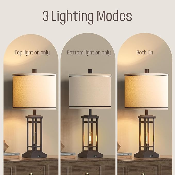 27.5 Tall Farmhouse Table Lamps with USB C + USB A Charge Ports, Rustic Living Room Lamps Set of 2, Black Industrial End Table Lamp for Bedroom Living Room Nightstand - LeafyLoom