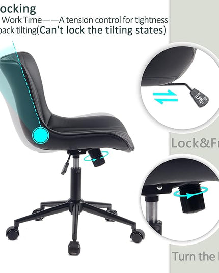 YOUTASTE Office Chair Modern Armless Desk Chair with Wheels, Adjustable Swivel Rolling Computer Task Chair, Faux Leather Sewing Chairs, Ergonomics Rocking Home Gaming Lounge Vanity Chairs, Black - LeafyLoom
