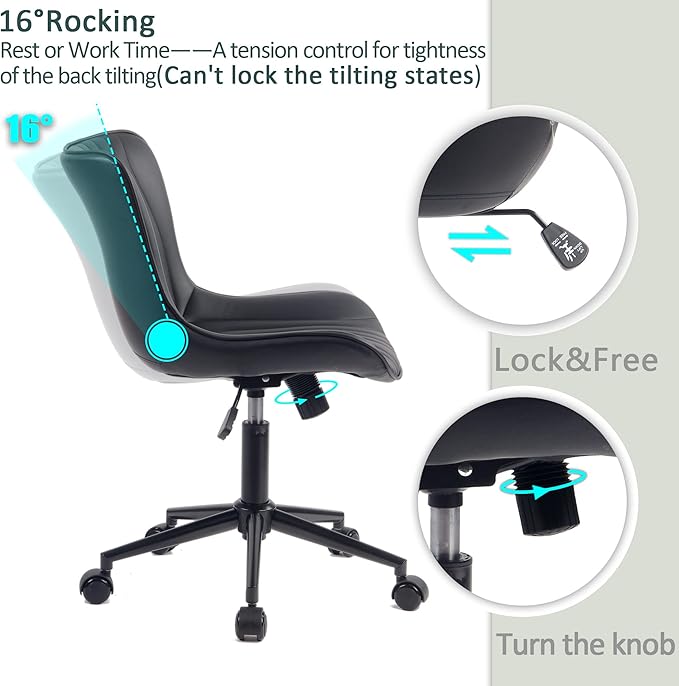 YOUTASTE Office Chair Modern Armless Desk Chair with Wheels, Adjustable Swivel Rolling Computer Task Chair, Faux Leather Sewing Chairs, Ergonomics Rocking Home Gaming Lounge Vanity Chairs, Black - LeafyLoom