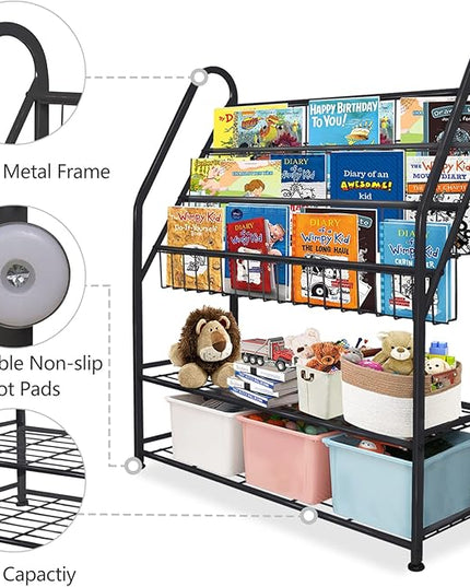 aboxoo Metal Kids Bookshelf Black Large Freestanding for Children Room 32 in Toy Organizer Large Stable Bookcase Bookstore Library Book Unit Storage Kids Bed Living Room - LeafyLoom