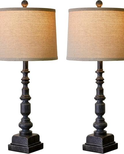 Oneach 27.75” Vintage Farmhouse USB A+C Table Lamps Set of 2 for Living Room Bedroom Traditional Bedside Nightstand Lamp Retro Resin Lamps Linen Shade Nightstand Home Office Antique Black Accent - LeafyLoom