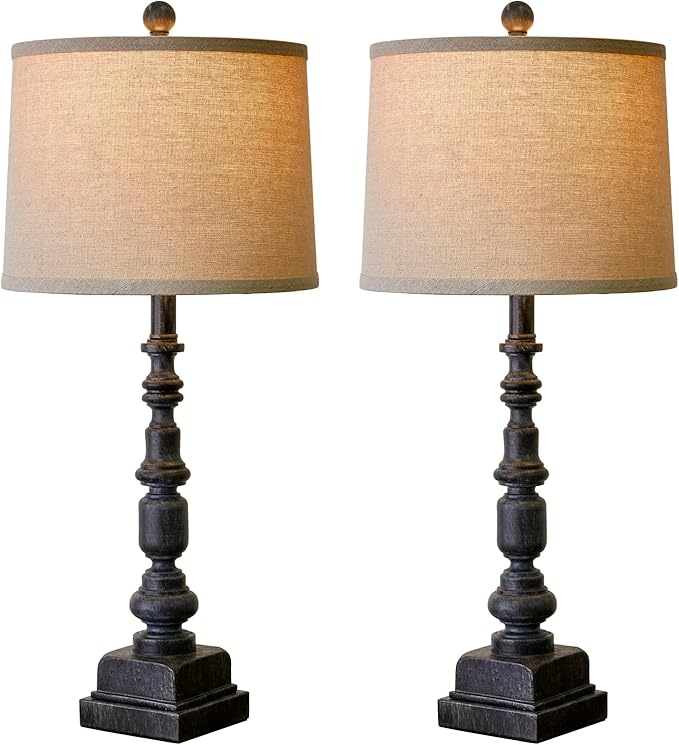 Oneach 27.75” Vintage Farmhouse USB A+C Table Lamps Set of 2 for Living Room Bedroom Traditional Bedside Nightstand Lamp Retro Resin Lamps Linen Shade Nightstand Home Office Antique Black Accent - LeafyLoom