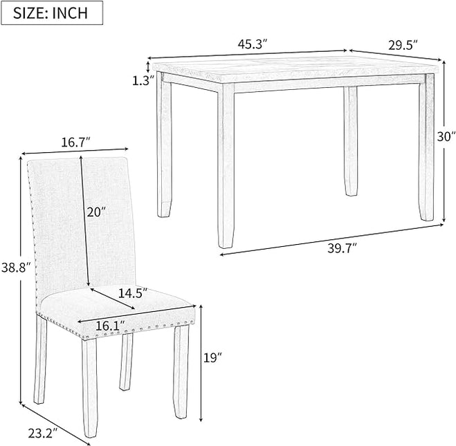RITSU Modern Marble 5 Piece Dining Table Set with 4 Thick Upholstered Burlap Chairs W/Rivet Edge Trim, Solid Wood Frame, for Living Room, Apartment White/Beige & Black, 45.3inch - LeafyLoom