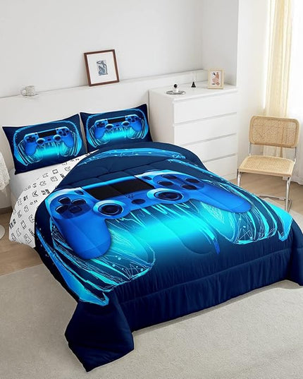 Gamer Comforter Set Queen Size,Blue Headphones Musical Design Games Gamepad Bedding Set for Kids Boys Video Game Room Decor Retro Playing Gamer Down Comforter Gaming Controller Quilted Duvet Set - LeafyLoom