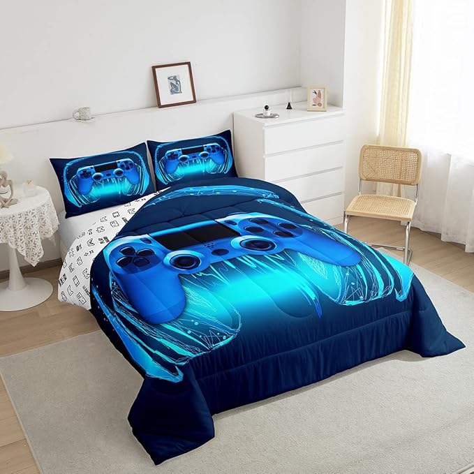 Gamer Comforter Set Twin Size,Blue Headphones Musical Design Games Gamepad Bedding Set for Kids Boys Video Game Room Decor Retro Playing Gamer Down Comforter Gaming Controller Quilted Duvet Set - LeafyLoom