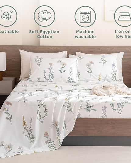 QSH Floral Queen Size Sheet Sets - 100% Egyptian Cotton Sheets Elegant Flower Pattern Printed Bedding Sheets Queen Size Bed Extra Soft and Breathable 4pcs Deep Pockets Bed Sheets - LeafyLoom