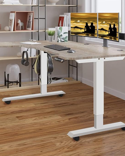 Adjustable Height L-Shaped 59 Inch Electric Standing Desk - Sit Stand Computer Desk, Stand Up Desk Table for Home Office, White Frame and Oak Top - LeafyLoom