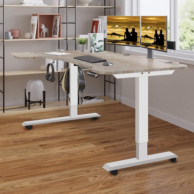 Adjustable Height L-Shaped 59 Inch Electric Standing Desk - Sit Stand Computer Desk, Stand Up Desk Table for Home Office, White Frame and Oak Top - LeafyLoom